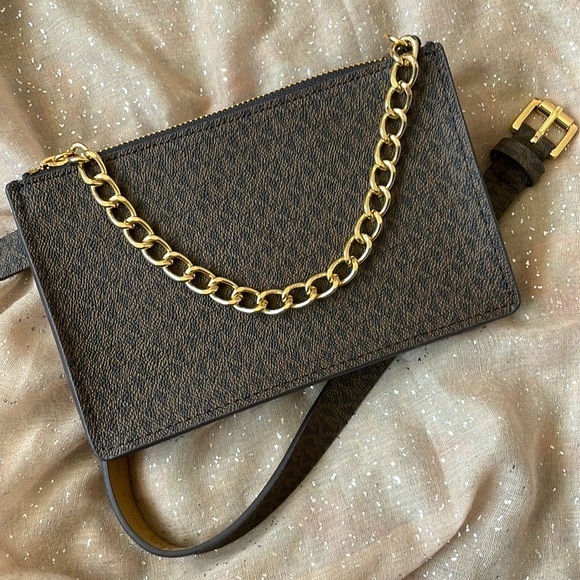 Michael Kors Accessories - Brand New Michael Kors Brown Zippered Logo Belt Bag Gold Chain Fanny Pack